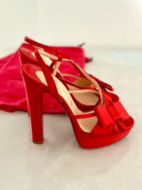 Christian Louboutin Red Satin Platform Slingback Heels with Bow Accent Size 40